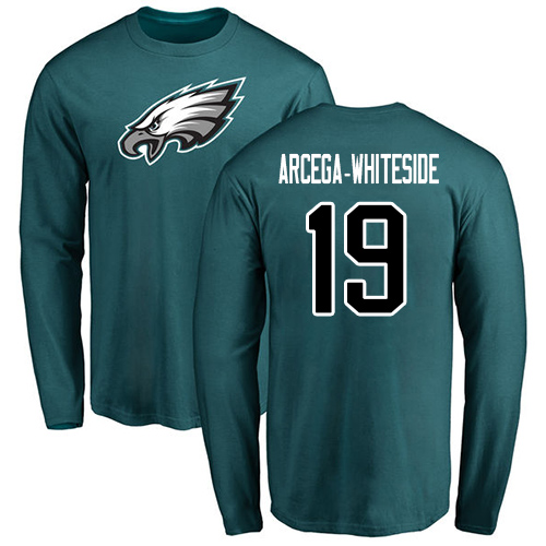 Men Philadelphia Eagles #19 JJ Arcega-Whiteside Green Name and Number Logo Long Sleeve NFL T Shirt->nfl t-shirts->Sports Accessory